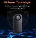 Zwart anti-diefstal alarm met N-logo op een schildvormige achtergrond, met 3D sensortechnologie.