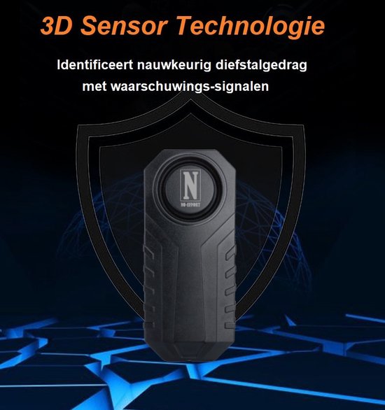 Zwart anti-diefstal alarm met N-logo op een schildvormige achtergrond, met 3D sensortechnologie.