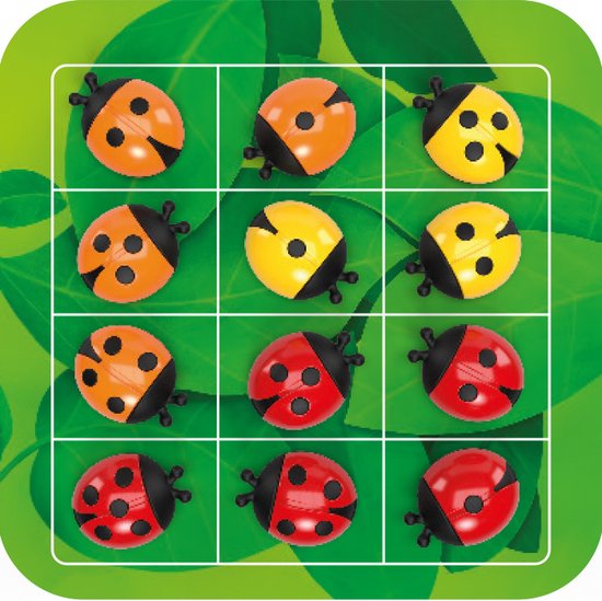 Gros plan du plateau de jeu LogiBugs, entièrement rempli de coccinelles rouges, oranges et jaunes sur une feuille verte.