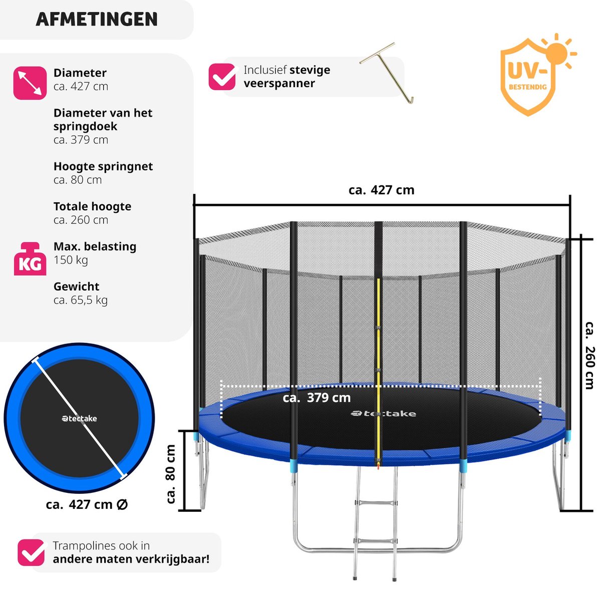 tectake® Trampoline - 427 cm - TÜV-geteste Kindertrampoline met Veiligheidsnet - Buitenspeelgoed - Sporttrampoline - Speeltoestel voor in de Tuin — afbeelding 15