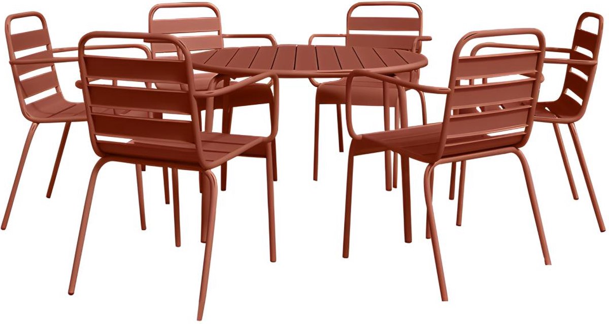 MYLIA Tuineethoek van metaal - Een ronde tafel D130 cm en 6 opstapelbare fauteuils - Terracotta - MIRMANDE van MYLIA L 130 cm x H 79 cm x D 130 cm