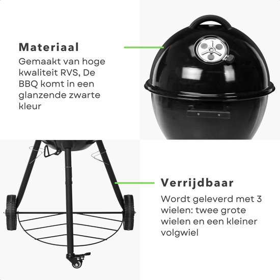 Cheqo® Luxe Houtskool BBQ - Houtskoolbarbecue - Barbecue - Ø48cm - Grill-oppervlak 44.5cm - Voorraadrek - Verrijdbaar - Ventilatierooster - Hoogte 93cm - Gewicht 8.4kg van Cheqo — afbeelding 4