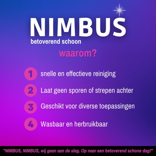 Grijze achtergrond met witte tekst over de voordelen van NIMBUS schoonmaakdoeken.