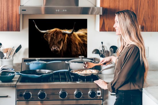 Spatscherm keuken 60x40 cm - Kookplaat achterwand Schotse Hooglander - Horens - Zwart - Dieren - Natuur - Wild - Koe - Muurbeschermer - Spatwand fornuis - Hoogwaardig aluminium - Alternatief voor glazen spatscherm