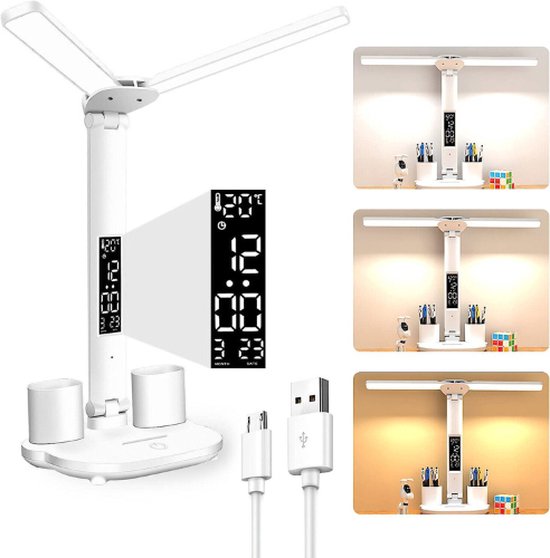Lampe de bureau LED Eyelivery - Veilleuse - Dimmable - Lampe de lecture - Pliable - LED - Porte-stylo - Rechargeable - 3 réglages - Température - Lampe LED - Éclairage de bureau