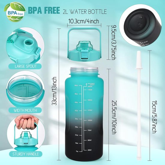Bouteille d'eau avec marqueurs de temps – Bouteille de motivation – Bouteille avec paille – Bouteille de sport – Bouteille de changement de Style de vie