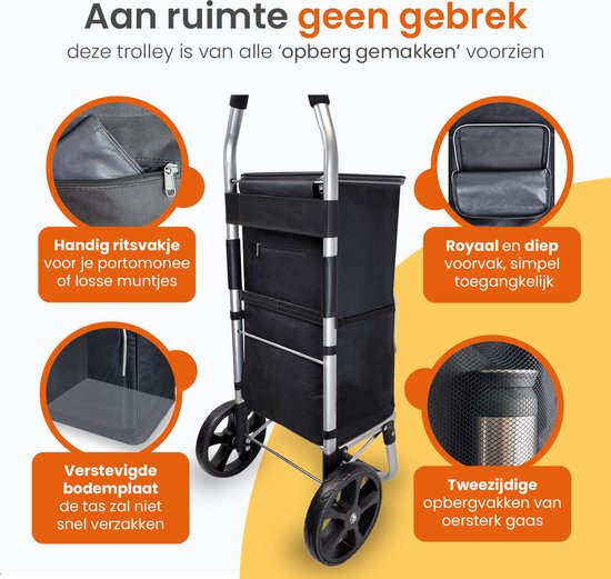Zwarte boodschappentrolley met ritsvak, royale opbergvakken en verstevigde bodemplaat. Inclusief netvak aan de zijkant.