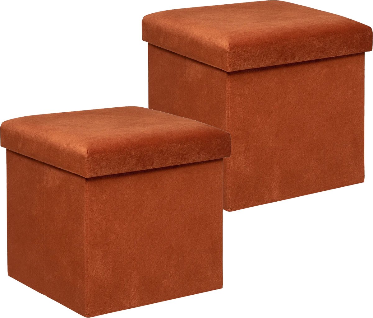 Atmosphera Poef/krukje/hocker Amber - 2x - Opvouwbare zit opslag box - fluweel Terracotta - D38 x H38 cm - MDF/polyester Terracotta bruin