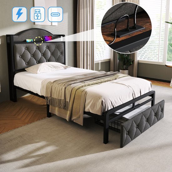 Sweiko Gestoffeerd bed met USB Type C oplaadfunctie en laden, eenpersoonsbed 90 x 200 opbergbedden Bed frame met lattenboden gemaakt van metalen frame, Donkergrijs (zonder matras)