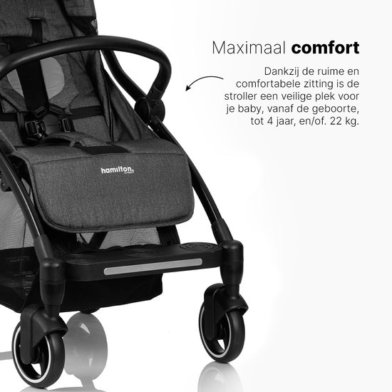 Zij-aanzicht van de grijze hamilton buggy met comfortabele zitting en voetsteun.