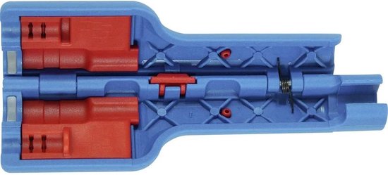 Binnenaanzicht van de blauwe kabelstripper met rode delen.
