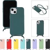 Hoesje Geschikt Voor iPhone 15 Pro Max met Koord - Siliconen Hoesje met Koord - BackCover met Koord iPhone 15 Pro Max - Cord Case - Donker Groen -