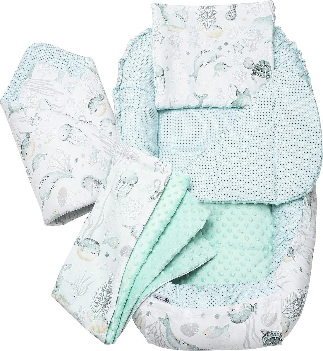 Image of 5-delige set babynestjes, 100 x 60 x 15 cm, uitneembaar inzetstuk, knuffelnest, kruipdeken voor baby's, pasgeborenen, 100% katoen (oceaan met munt, minky)