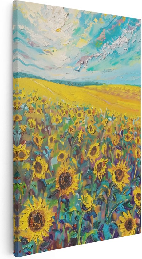 Artaza Canvas Schilderij Kunstwerk van Zonnebloemen in een Veld - 80x120 - Groot - Foto Op Canvas - Canvas Print
