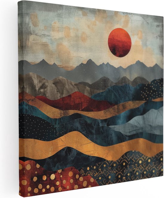 Artaza Canvas Schilderij Abstract Kunstwerk van Bergen en een Zon - 60x60 - Muurdecoratie - Foto Op Canvas - Canvas Print