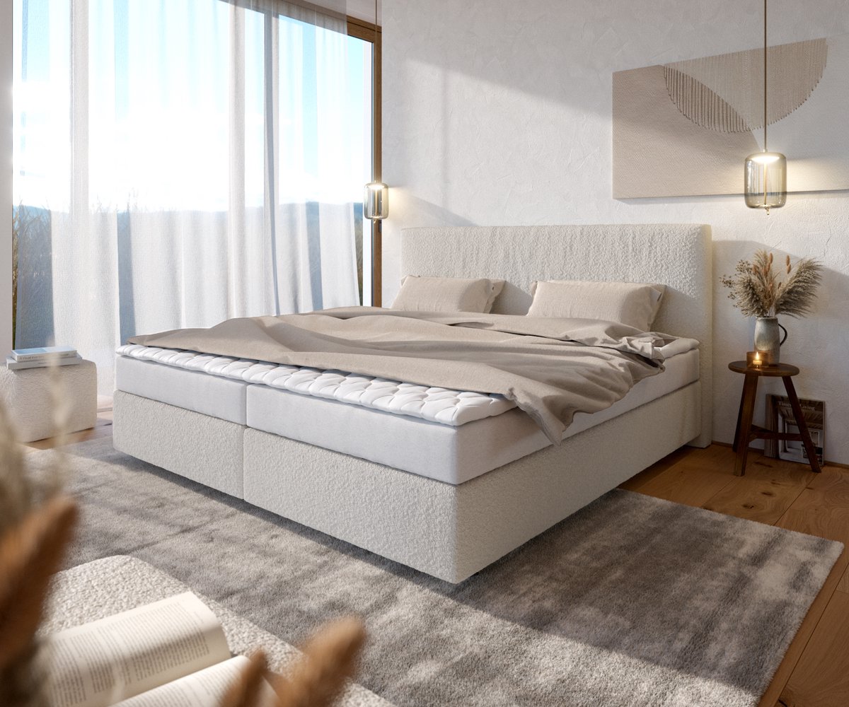 DELIFE Boxspringbed Dream-Well Bouclé Crème-Wit 200x200 cm met Bonell-matras en PU-topper Creme-Weiß