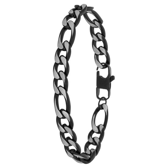 Lucardi Heren Stalen blackplated armband met figaro schakels - Armband - Staal - Zwart