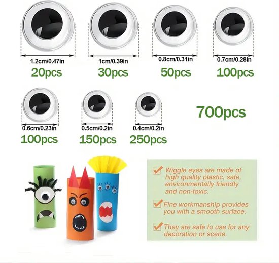 DW4Trading Yeux mobiles autocollants blanc noir 7 tailles 700 pièces dans une boîte de rangement - Yeux artisanaux - Yeux collants - Mobiles