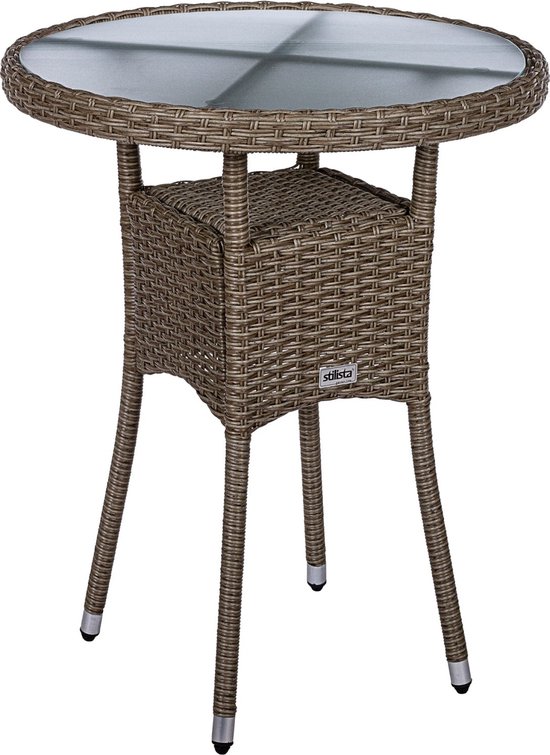 STILISTA Tuintafel - Bijzettafel - Wicker - Rotan - Ø 60 cm - Met Glasplaat - Creme