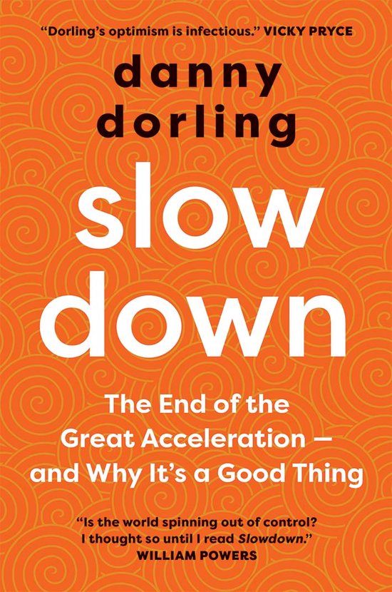 Boek "slow down" van Danny Dorling op een oranje achtergrond met cirkelpatroon.