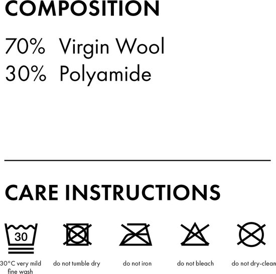 Samenstelling: 70% scheerwol, 30% polyamide. Wasinstructies: 30°C fijn, niet drogen, niet strijken, niet bleken, niet chemisch reinigen.