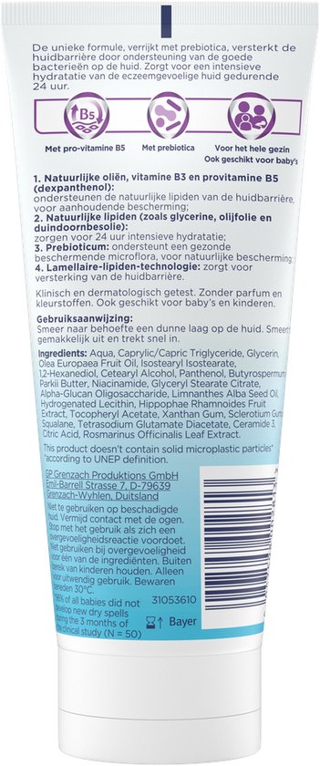 Ingrediëntenlijst met claims over pro-vitamine B5, prebiotica en huidbarrière. Bayer logo.
