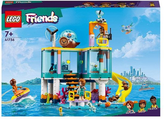 LEGO Friends zee reddingscentrum speelgoed met schuif af, zeehond en speelgoed figuren in een maritieme omgeving.
