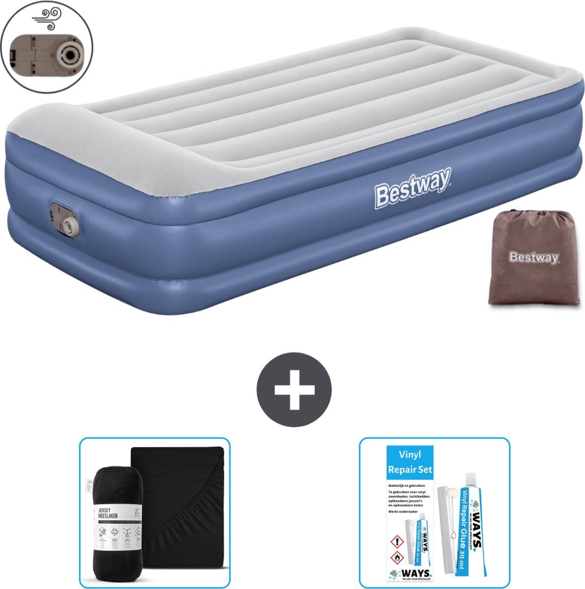 Bestway luchtbed - 1-Persoons - 97 x 191 x 46 cm - Grijs/Blauw - Inclusief pomp - Hoeslaken en Reparatieset