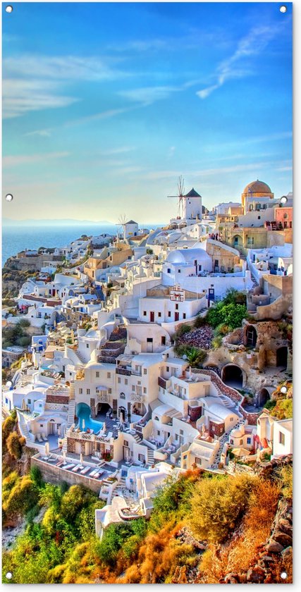 Wanddecoratie buiten Gebergte Santorini Griekenland - 80x160 cm - Tuindoek - Buitenposter