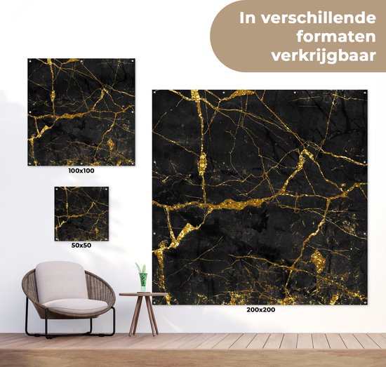 Tuinposter 100x100 cm - Tuindecoratie Marmer - Goud - Zwart - Marmerlook - Luxe - Glitter - Poster voor in de tuin - Buiten decoratie - Schutting tuinschilderij - Tuindoek muurdecoratie - Wanddecoratie balkondoek