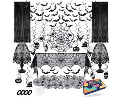 Fissaly 84 Stuks Halloween Griezel Pakket – Skelet, Vleermuis & Spinnenweb Horror Versiering – Thema Feest Decoratie – Ballonnen, Tattoos & Accessoires