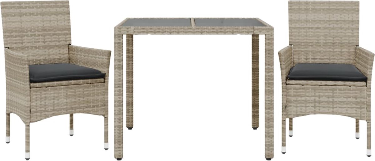 VidaXL 3-delige Tuinset met kussens poly rattan en glas grijs
