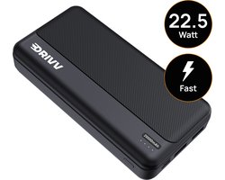 Drivv. Powerbank 20.000 mAh - 22.5W snellader - Quick Charge USB 3.0 - USB C - O.a. Samsung / iPhone / meer - Zwart