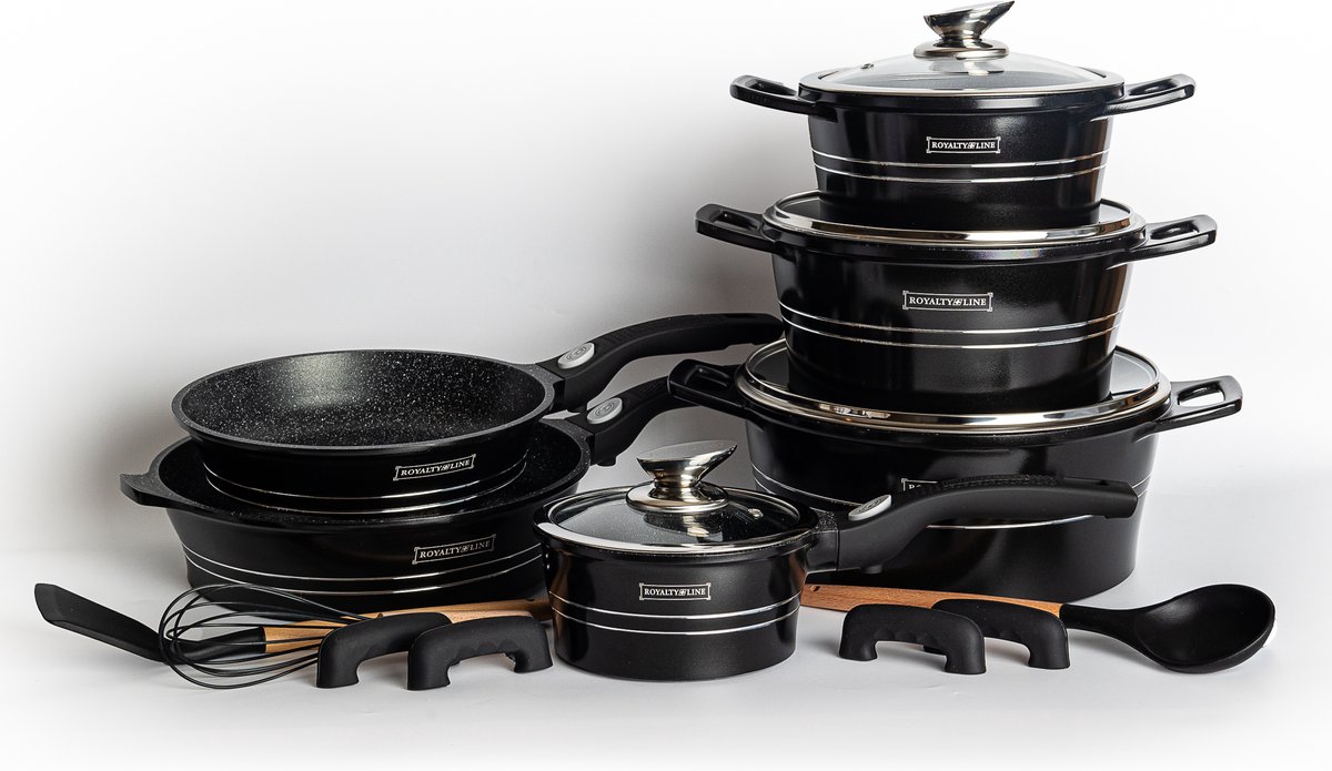 Royalty Line® ES2014 Inductie Pannenset - Compleet 17 Delige Pannensets - Afneembare Handvaten - Ovenbestendig - PFOA & PTFE Vrij - Pannen Voor Alle Warmtebronnen - Antiaanbaklaag - Pan Met Deksels - Zwart