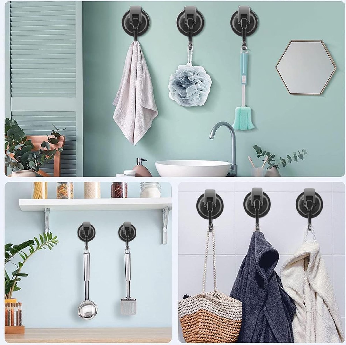 Zuignaphaken, extra sterk, 3 stuks, zilver, zuignaphaken, zonder boren, handdoekhaken, zuignappen, haken, wandhaken voor badkamer, keuken, badkamer, douche, deur, raam, glas, wandtegels, max. 5 kg