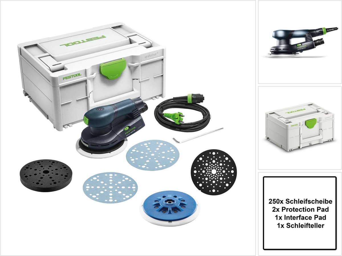 Festool ETS EC 150/5 EQ-Plus excenterschuurmachine 400 W 150 mm borstelloos + 250x schuurschijf + 2x steunschijf + steunschijf + schuurschijf + systainer