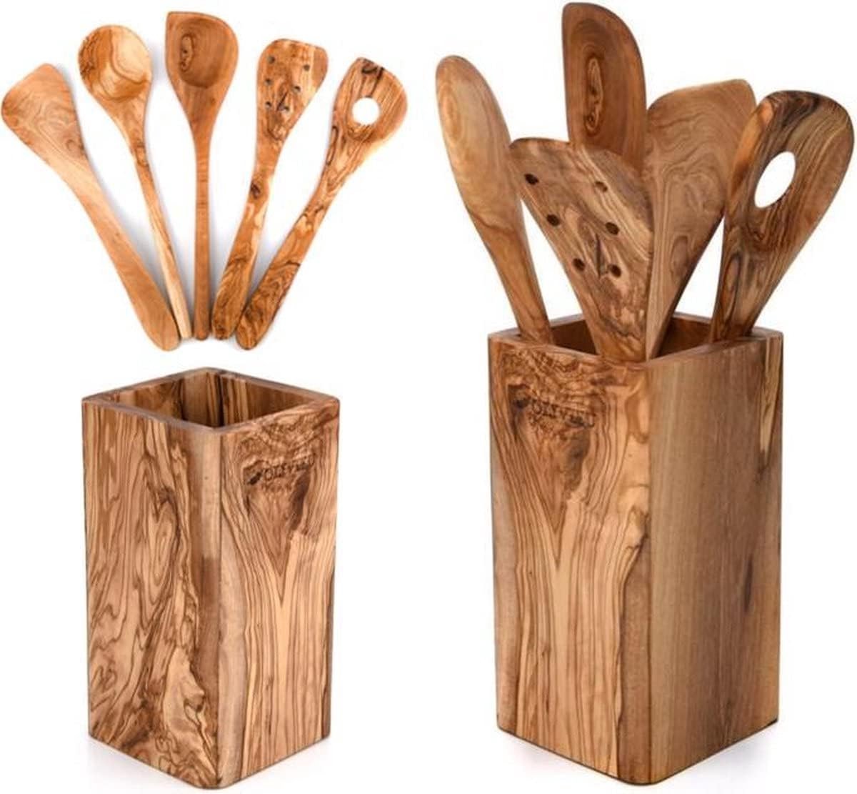 Olijfhout lepel bestek kooklepel rijstlepel spatel pollepel saladebestek saladelepel keukenhulp bestekset lengte: 30 cm (5-delig + bestekhouder)