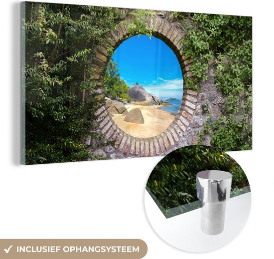 MuchoWow® Glasschilderij 160x80 cm - Schilderij acrylglas - Zomer - Strand - Doorkijk - Tropical - Foto op glas - Muurdecoratie woonkamer - Wanddecoratie slaapkamer - Schilderijen