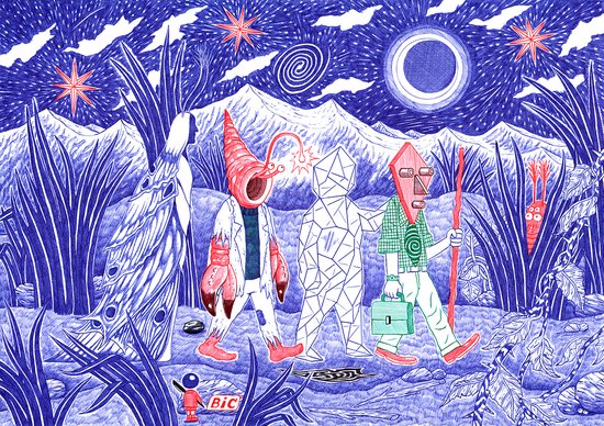 Abstracte tekening met nachttafereel en surrealistische figuren.