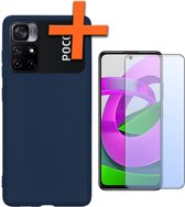 Hoesje Geschikt voor Xiaomi Poco M4 Pro 5G Hoesje Siliconen Cover Case Met Screenprotector - Hoes Geschikt voor Xiaomi Poco M4 Pro 5G Hoes Back Case - Donkerblauw