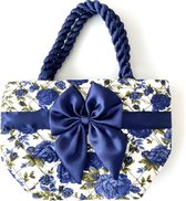 Zomer kleine gewatteerde dames/meisjes handtasje, blauw en wit met een strik