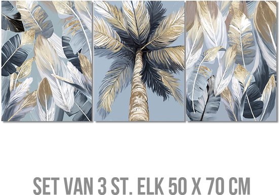 Le Allernieuwste lot de 3 pièces peinture sur toile feuilles de palmiers tropicaux - affiche - ensemble de 3 pièces 50 x 70 cm - couleur