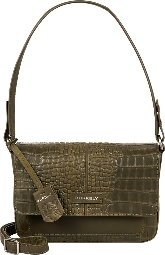 Groene Burkely schoudertas met crocoprint en goudkleurig logo.