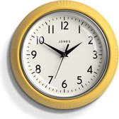 Jones Clocks® Ronde Retro Wandklok - The Ketchup Round Clock - Makkelijk leesbare cijfers, zwarte wandklok perfect als keukenklok, kantoorklok, woonkamerklok - Retro klok 25cm - Brutaal geel