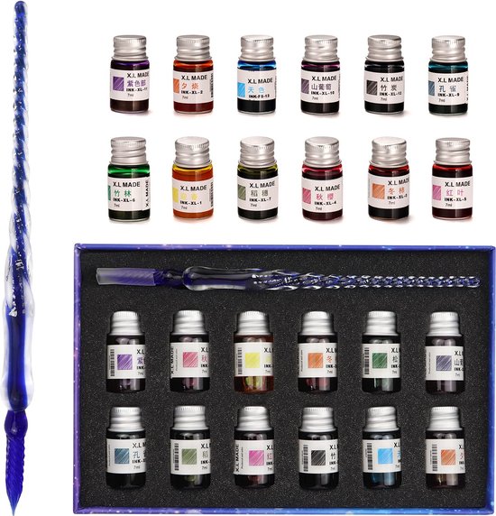 Glazen-tip kalligrafie-pen en inkt set om te dippen voor het schrijven, glazen Glazen-tip kalligrafie-pen en inkt set om te dippen voor het schrijven, glazen