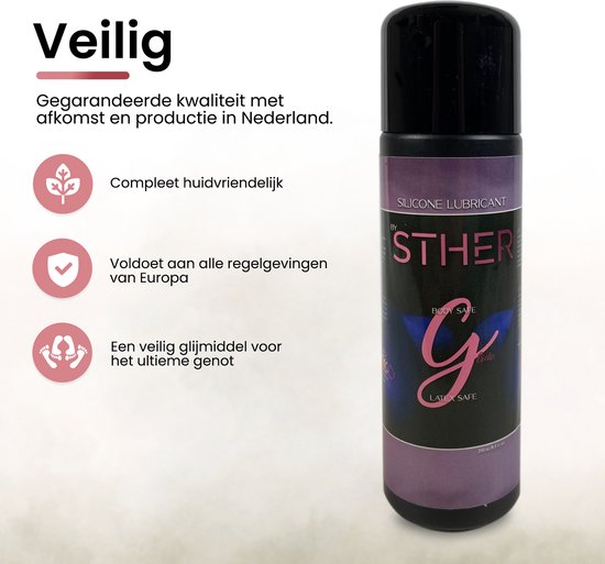 Fles STHER Silicone Lubricant met tekst "Veilig" en "Gegarandeerde kwaliteit met afkomst en productie in Nederland."