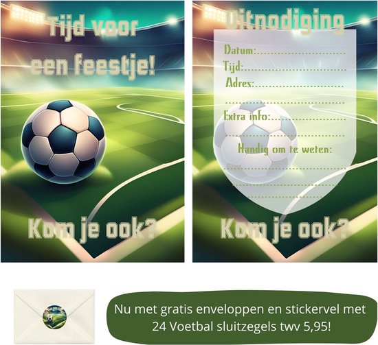 Ensemble d'invitations sur le thème du football, y compris des enveloppes et des autocollants. Avant et arrière montrés.
