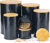 Voorraaddozenset, metaal, 6-delige opbergset met bamboe, luchtdicht deksel, keukenvoorraaddozen voor koffie, muesli, suiker, thee, specerijen, zwart