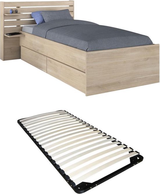 Bed met opbergruimte – 90 x 200 cm – Kleur: houteffect – Met bedbodem – TENALIA L 121.5 cm x H 88.6 cm x D 216.8 cm