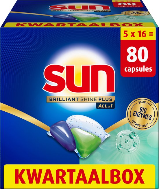 Sun - Vaatwascapsules - Brilliant Shine Plus - All-in 1 - met Bio-enzymentechnologie - 80 Stuks - Voordeelverpakking